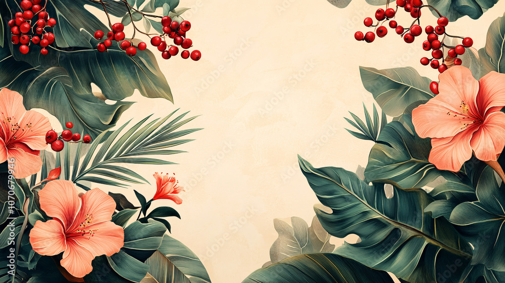 A hand-drawn botanical border featuring tropical leaves, red berries, and exotic flowers, creating an elegant and exotic design A hand-drawn botanical border featuring tropical leaves, red berries, and exotic flowers, creating an elegant and exotic design