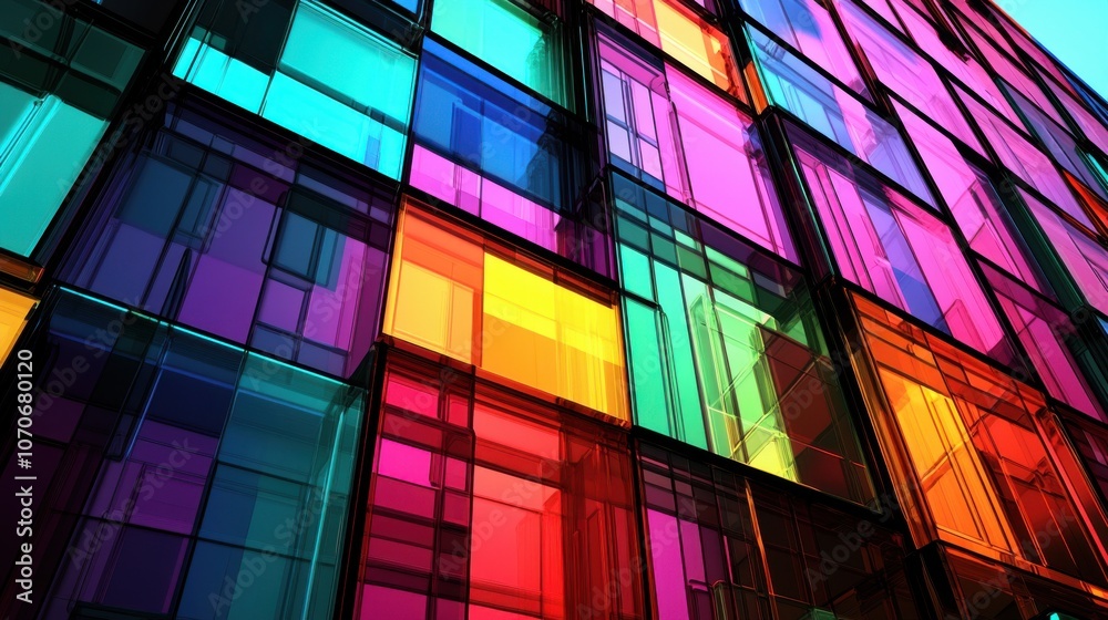 A vibrant and colorful glass facade featuring an abstract design with various hues reflecting sunlight. A vibrant and colorful glass facade featuring an abstract design with various hues reflecting sunlight.