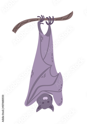 Simple vector illustration of bat hanging upside down from branch, with a minimalist style and soft purple tones. Hand drawn flat artwork isolated on white background