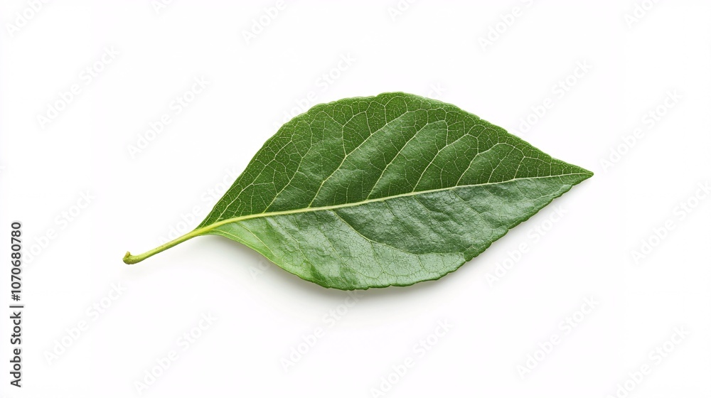 Obraz premium Single Green Leaf on White: A Study in Botanical Simplicity