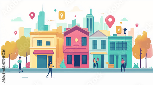 Tourists planning trip, route, itinerary on digital map. Couple marking locations in online guide with pin pointers for vacation journey. Flat graphic vector illustration background.