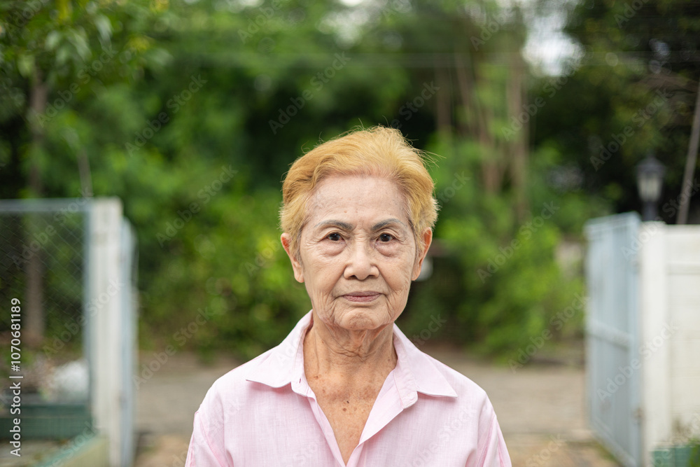 Peaceful portrait of smiling elderly Asian woman outdoors, shows her wisdom, positive and happiness in natural light enhances her graceful aging on life for themes of aging, wisdom, and senior living. Peaceful portrait of smiling elderly Asian woman outdoors, shows her wisdom, positive and happiness in natural light enhances her graceful aging on life for themes of aging, wisdom, and senior living.