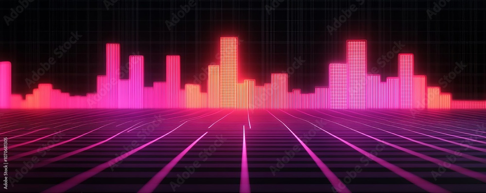 Naklejka premium Vivid audio waveform, neon colors, futuristic digital landscape.