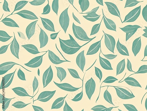Simple Green Leaf Pattern on Beige Background