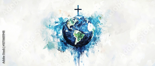 A serene watercolor depiction of Earth with a cross above it, beautifully blending colors on textured white paper photo