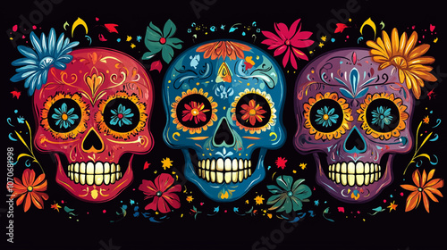 Calavera sugar skulls. Mexican dia de los muertos day of the dead holiday skulls. Cartoon vector set of male and female craniums with floral pattern. Traditional calaca heads for Death celebration.