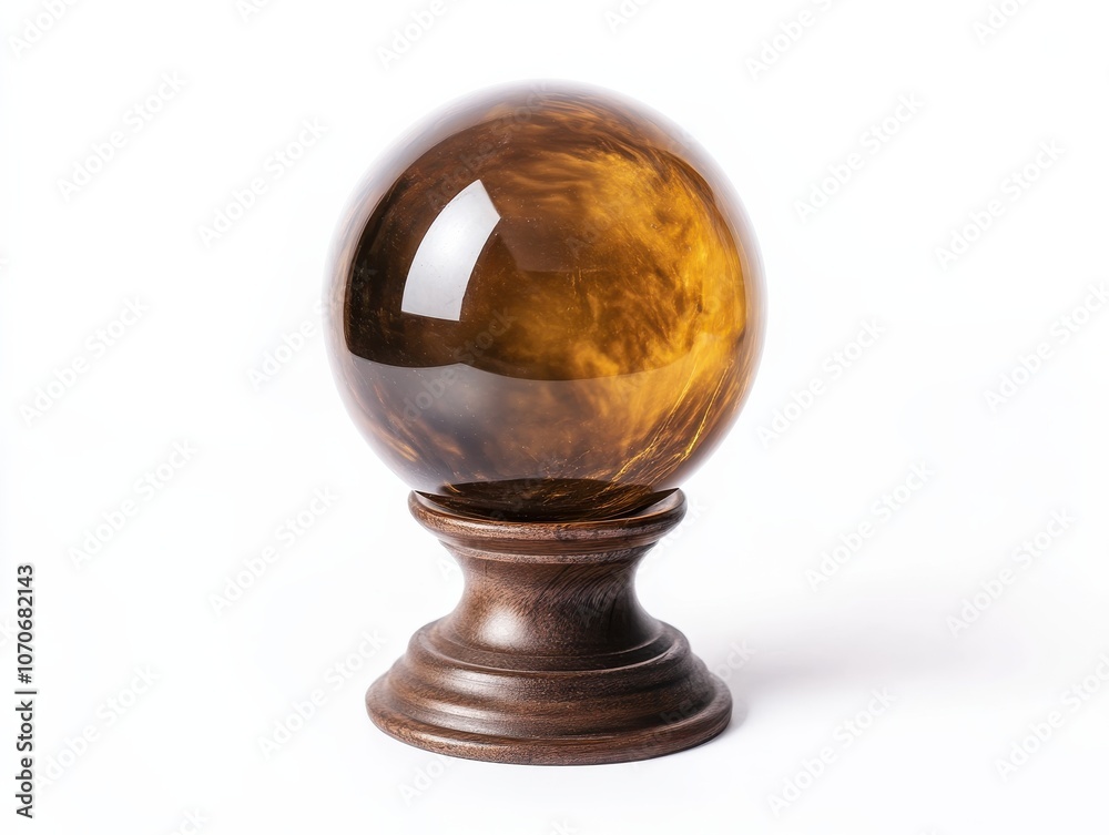 A golden glass sphere sits on a wooden stand, showcasing its intricate swirling patterns. The sphere reflects the light beautifully, creating a mesmerizing display. A golden glass sphere sits on a wooden stand, showcasing its intricate swirling patterns. The sphere reflects the light beautifully, creating a mesmerizing display.