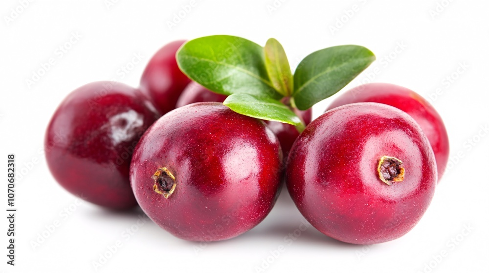 Close-Up of Fresh Cranberries with Green Leaves on White Background Close-Up of Fresh Cranberries with Green Leaves on White Background