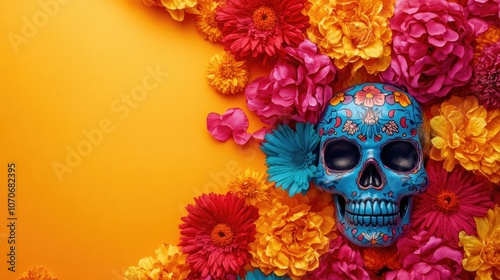 Blue skull is surrounded by a colorful arrangement of flowers