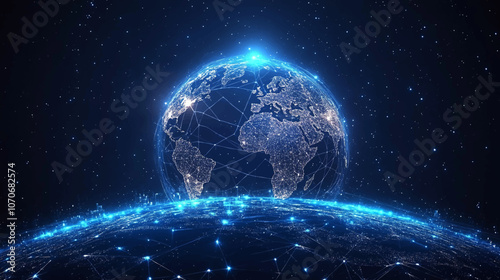 Night planet earth from space with light lines of communication and connection. Business and finance, concept. Global communications system and the World Wide Web. Technologies and communications.