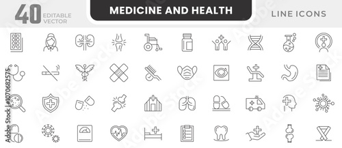 Medicine and Health line icon set. Medicine, health care, coronavirus, medicine bottles, pill dispensers, lab tests, blood donation, medical conference line icon set. UI thin line icon pack.