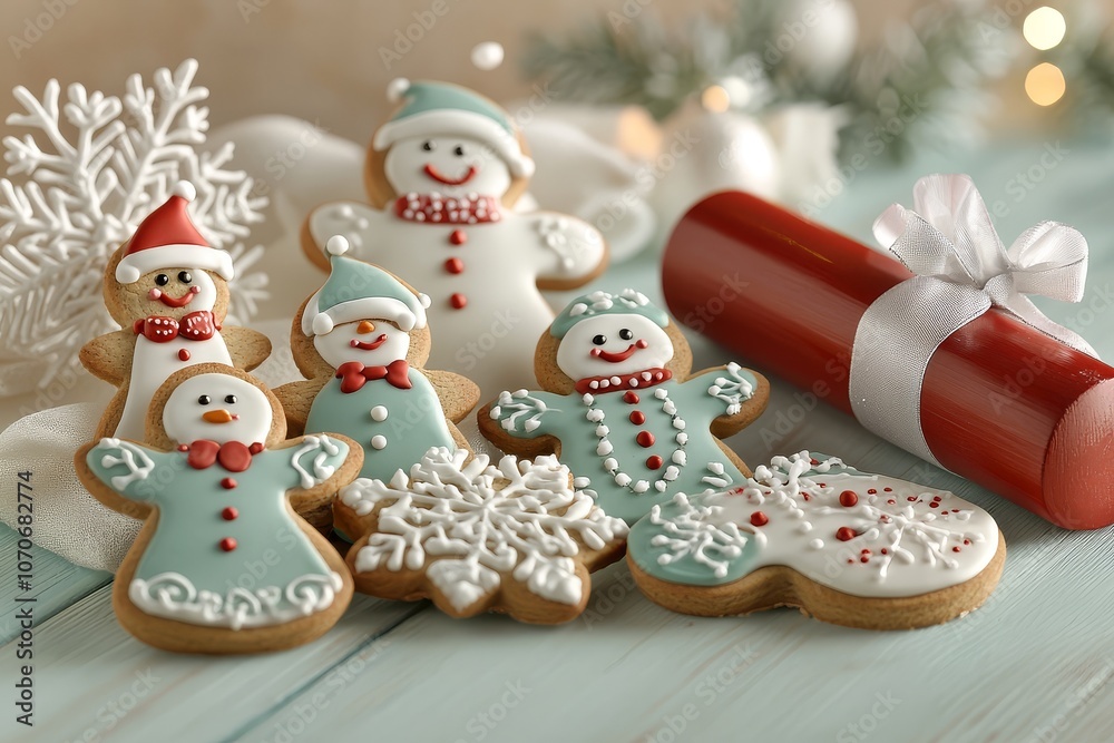 Light blue wooden table with decorated gingerbread cookies, including snowmen and elves, next to a red rolling pin wrapped in white ribbon, creating a festive Christmas baking scene. Light blue wooden table with decorated gingerbread cookies, including snowmen and elves, next to a red rolling pin wrapped in white ribbon, creating a festive Christmas baking scene.