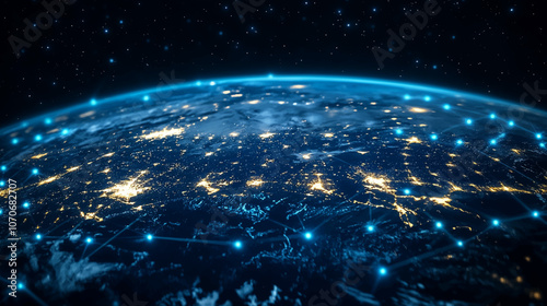 Night planet earth from space with light lines of communication and connection. Business and finance, concept. Global communications system and the World Wide Web. Technologies and communications.