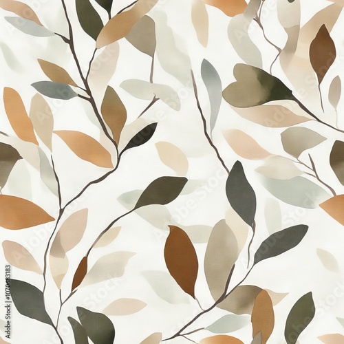 Abstract nature-inspired seamless pattern with muted earth tones and leaf shapes on a light background