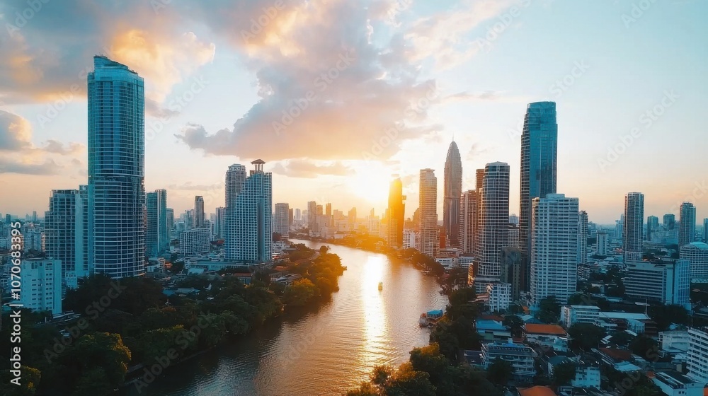 Fototapeta premium Aerial View of Bangkok Skyline at Sunset