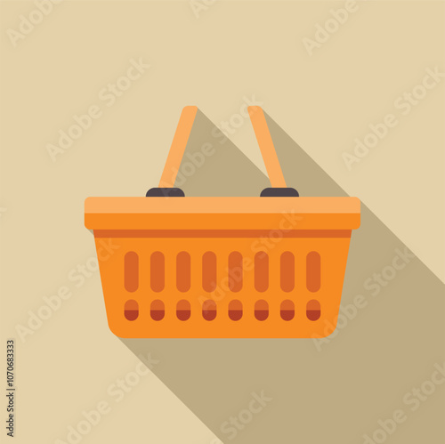 Orange plastic shopping basket with raised handles casting a long shadow on a beige background, representing consumerism and retail