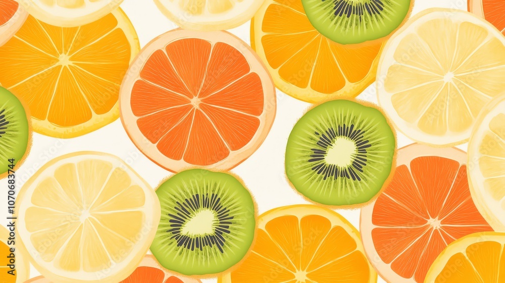 Obraz premium Bright Citrus Fruit Slices Pattern with Oranges, Lemons and Kiwi