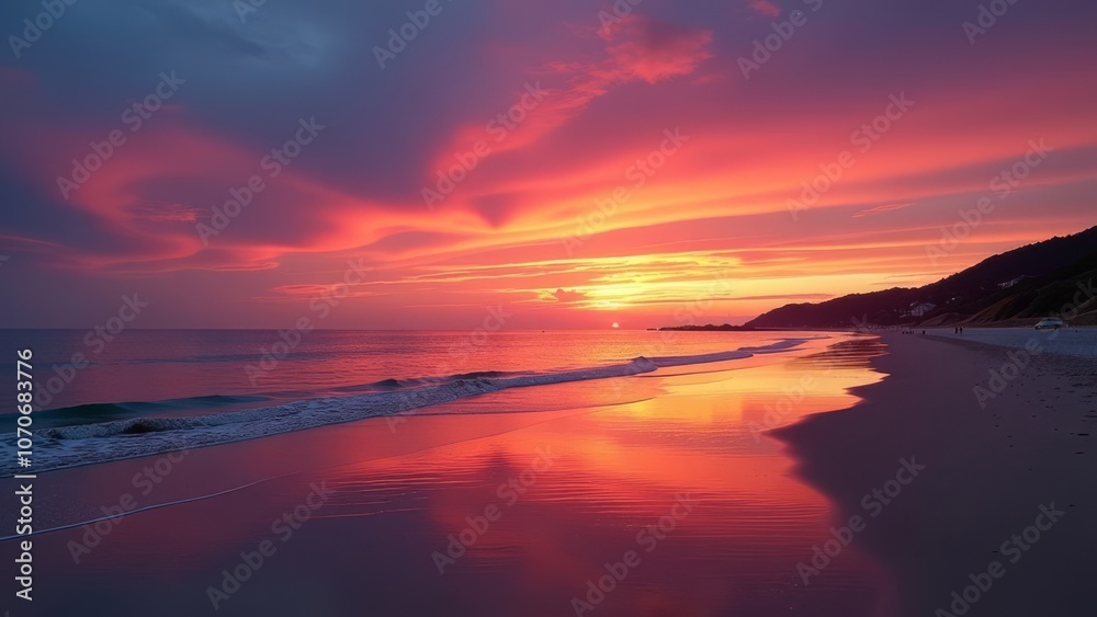 Fototapeta premium A beautiful sunset over the ocean with a beach in the background