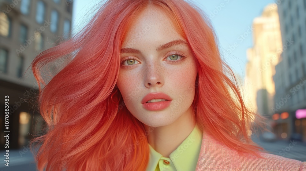 Portrait of young woman with vibrant peach hair, ideal for fashion and beauty advertisements Portrait of young woman with vibrant peach hair, ideal for fashion and beauty advertisements