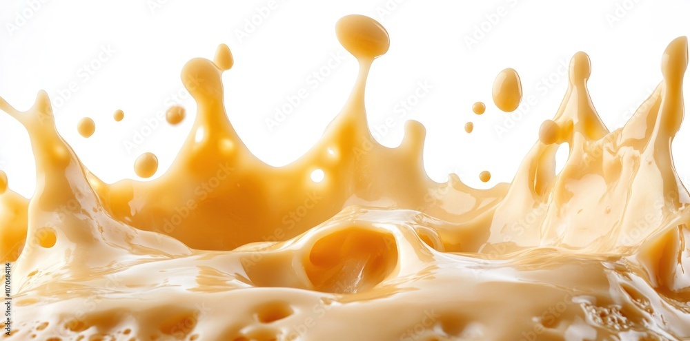 Caramel Syrup Splash with Droplets on White Background Caramel Syrup Splash with Droplets on White Background