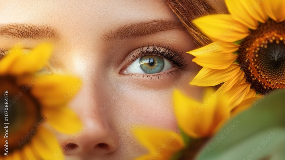 Close-Up of a Woman’s Face Surrounded by Sunflowers Close-Up of a Woman’s Face Surrounded by Sunflowers