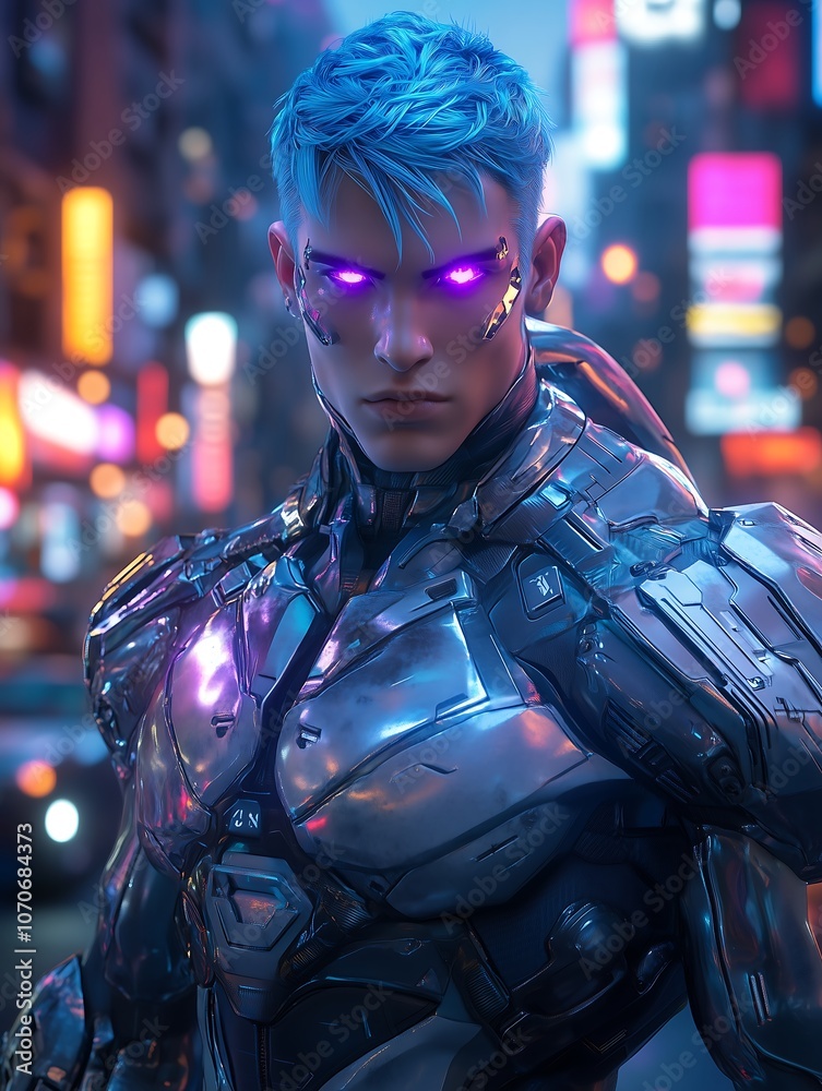A unique and colorful avatar of a futuristic warrior. The character has short, neon blue hair, glowing purple eyes, and wears a high-tech suit with metallic armor plating. A unique and colorful avatar of a futuristic warrior. The character has short, neon blue hair, glowing purple eyes, and wears a high-tech suit with metallic armor plating.