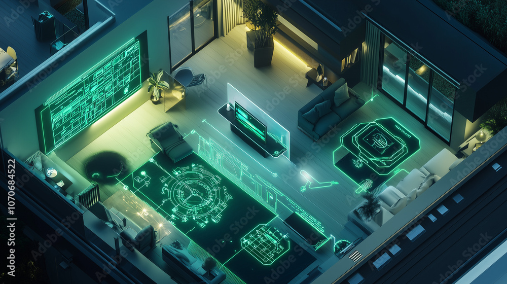 High-Tech Smart Home at Night with Glowing AI Control Panels, Wireframe Neon Connections, Aerial View of Connected Devices & Futuristic Gadgets High-Tech Smart Home at Night with Glowing AI Control Panels, Wireframe Neon Connections, Aerial View of Connected Devices & Futuristic Gadgets