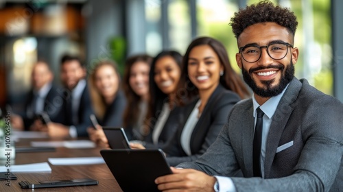 Diverse business team smiles at camera during a meeting.