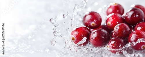 Red cherries splashing in water, white background