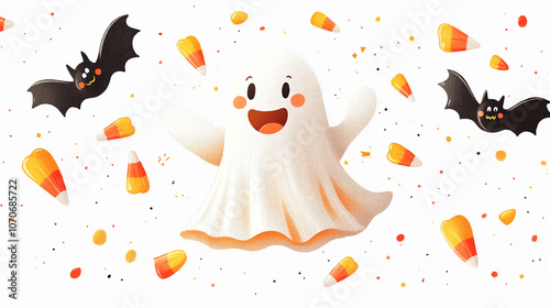 Playful Halloween clip art, smiling ghost with a friendly face, floating among small bats and candy corn, isolated on a white background.