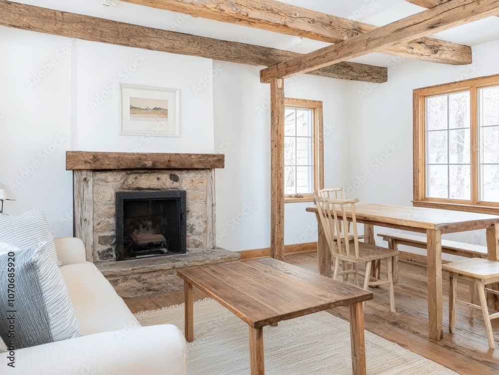 Fototapeta premium Rustic minimalist living room with exposed beams