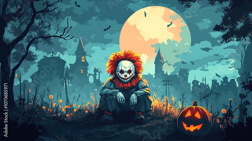 Halloween night colorful vintage background posters with scary dead bride and forest monster heads bats spooky scarecrow near cemetery evil clown with wooden board vector illustration.