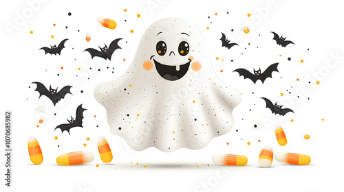 Playful Halloween clip art, smiling ghost with a friendly face, floating among small bats and candy corn, isolated on a white background.