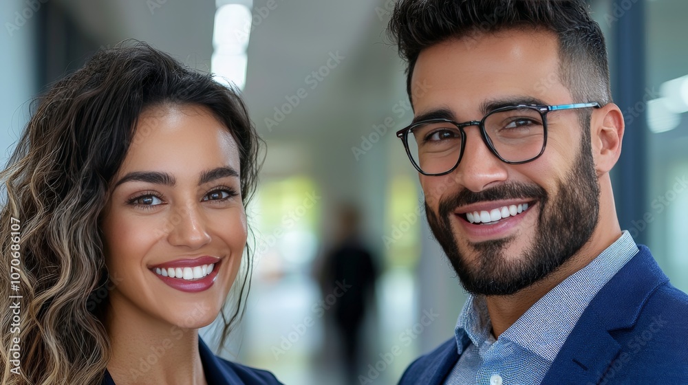 Successful Business Partners Smiling Confidently Together in Office Successful Business Partners Smiling Confidently Together in Office