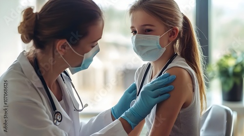 Pediatrician doctor injecting vaccine to child. make a vaccination against diphtheria, whooping cough and tetanus in the shoulder of a child girl. Copy space for text. World Immunization week.  photo