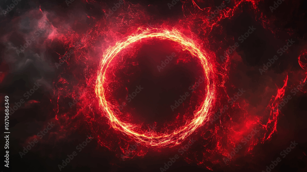 Red abstract circle plasma lightning particle effect, ring flame fire with swirling glow particles visual effect layer overlay isolated black background.