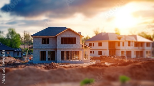 New Home Construction Under Golden Sunset