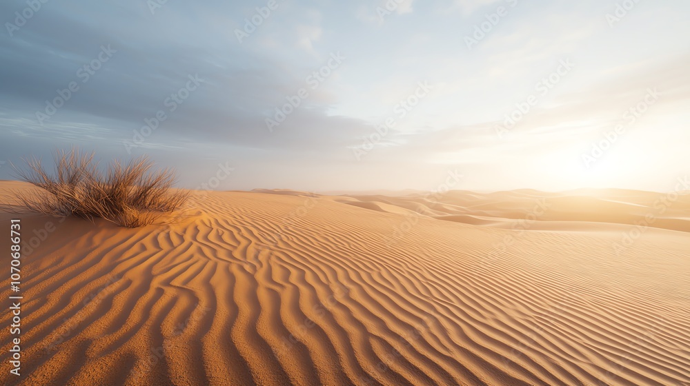 Naklejka premium Sunset over a vast, golden desert landscape.