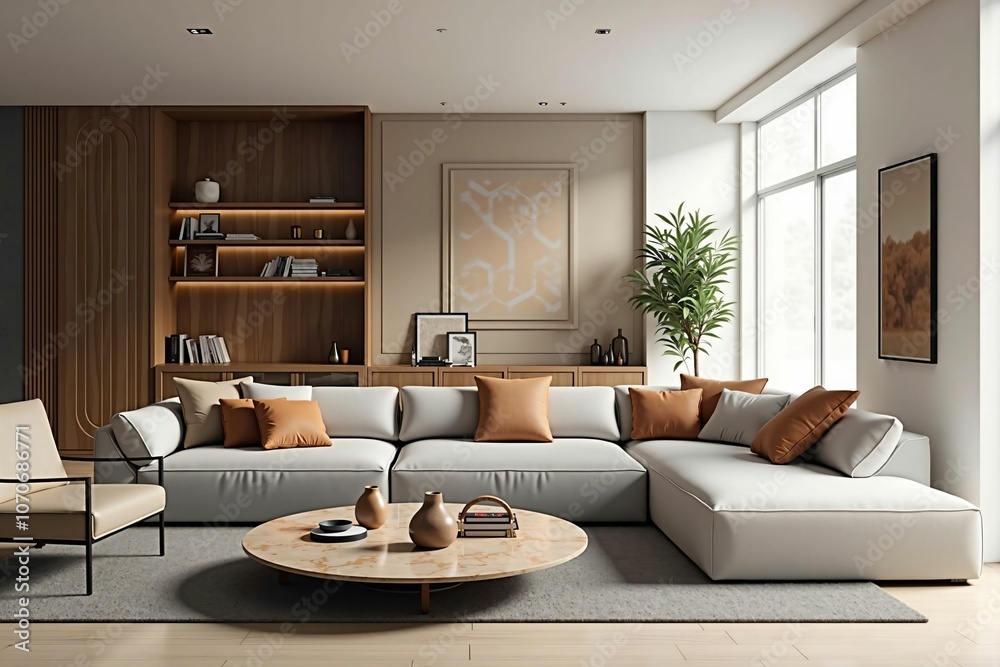 Fototapeta premium Modern Luxury Living Room with Minimalist Design and Cozy Neutral Colors for a Sophisticated Home Interior