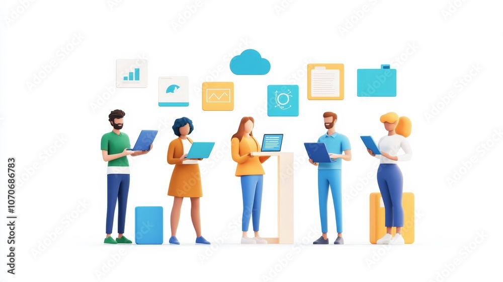 Obraz premium Diverse Team Collaborating on a Cloud-Based Project with Laptops and Digital Documents