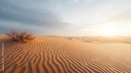 Sunset over a vast, golden desert landscape.