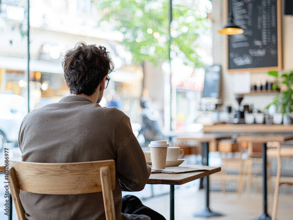 Fototapeta premium Man Sitting Alone in a Cafe, Looking Out the Window, Thinking