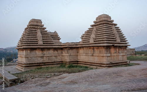 Temples on the gentle slopes of Hemakutta Hill. Hampi, India