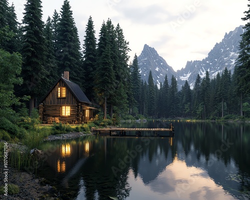 Cozy cabin by the lake with mountains in the background.