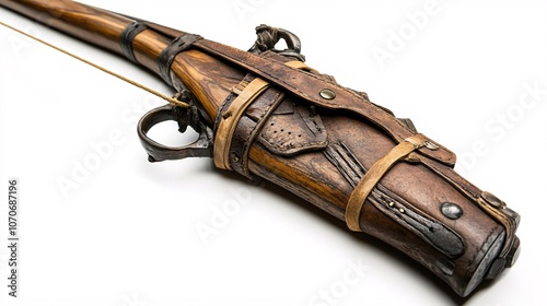Antique Wooden and Leather Gun on White Background