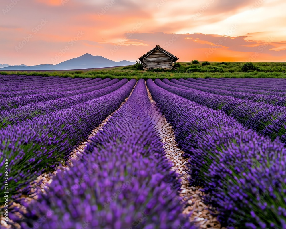 Naklejka premium Sunset over a lavender field with a small cabin