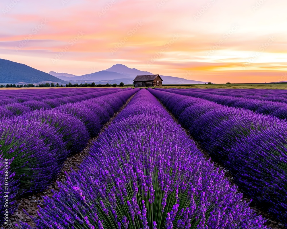Obraz premium Scenic lavender field at sunrise with a barn in the distance.
