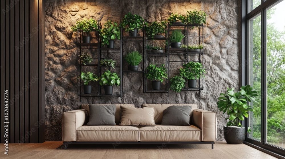 Modern Living Room with Stone Wall and Greenery Modern Living Room with Stone Wall and Greenery