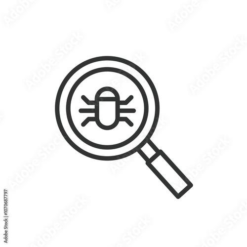 Virus search, icon in line design. Virus, search, detection, malware, security, scan, antivirus on white background vector. Virus search editable stroke icon