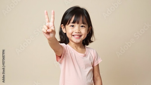 Cheerful young girl flashing a peace sign with a bright smile, embodying happiness and innocence against a soft background, perfect for capturing joy, childhood, friendship, and positive energy